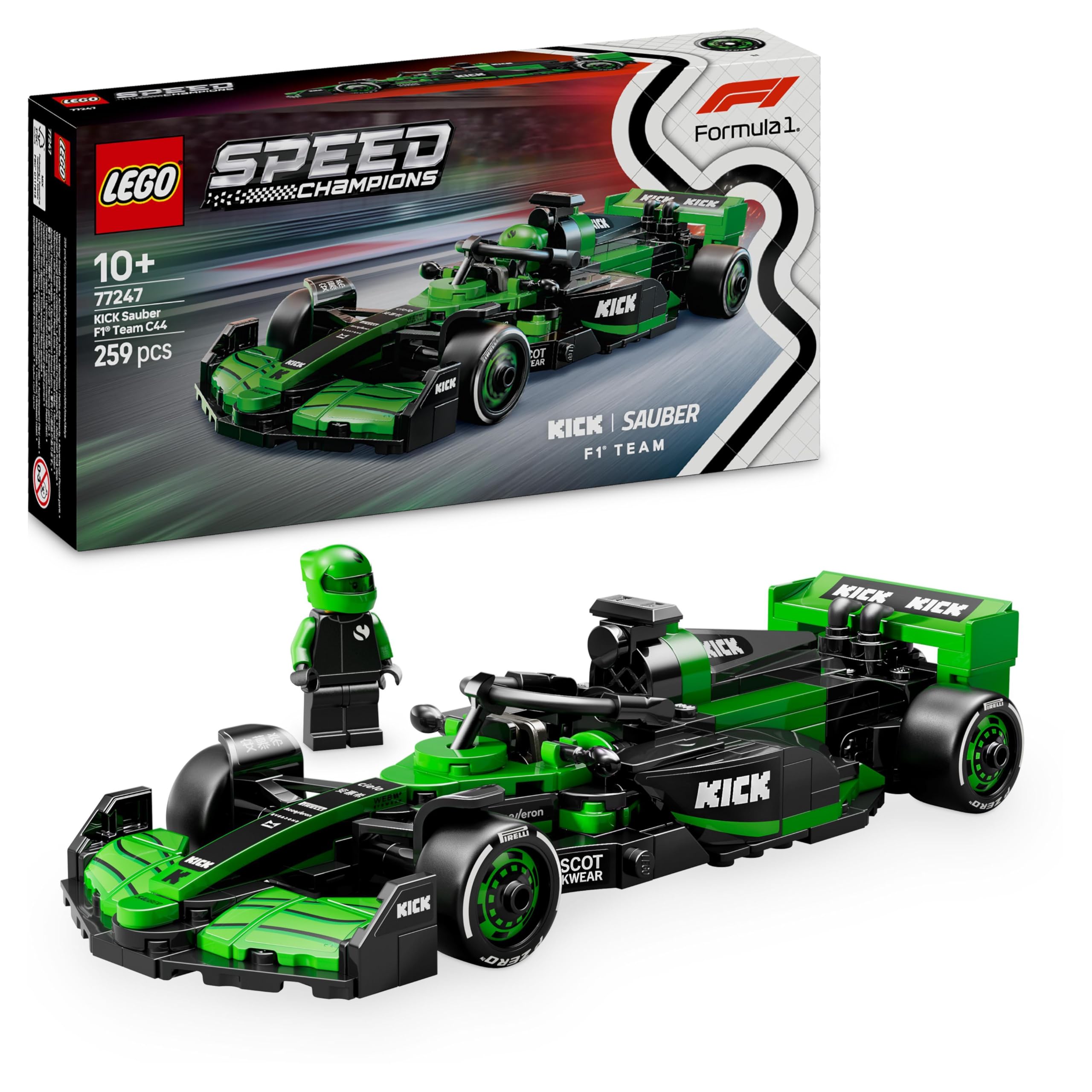 LEGO Speed Champions KICK Sauber F1 Team C44 Race Car Toy with a