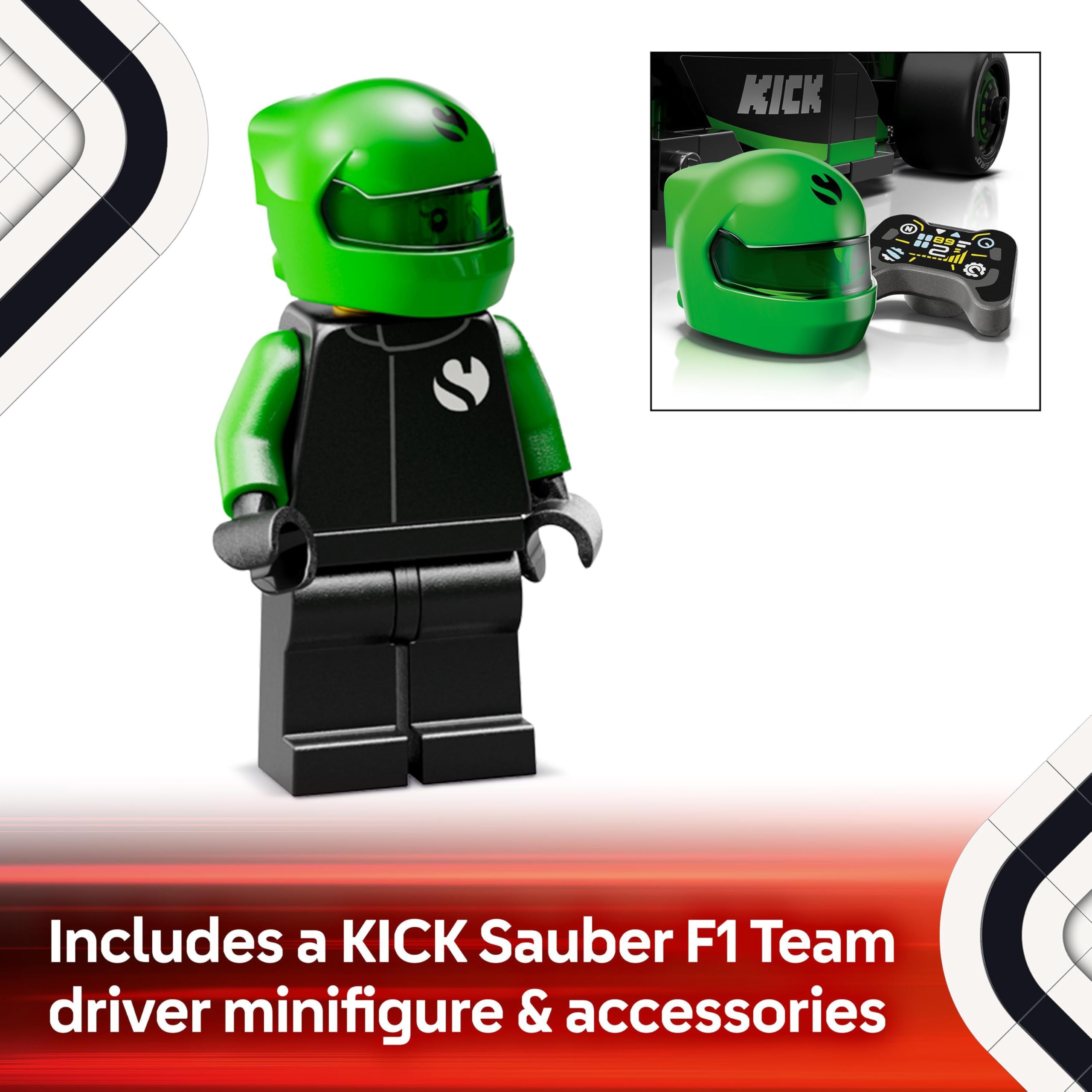 LEGO Speed Champions KICK Sauber F1 Team C44 Race Car Toy with a