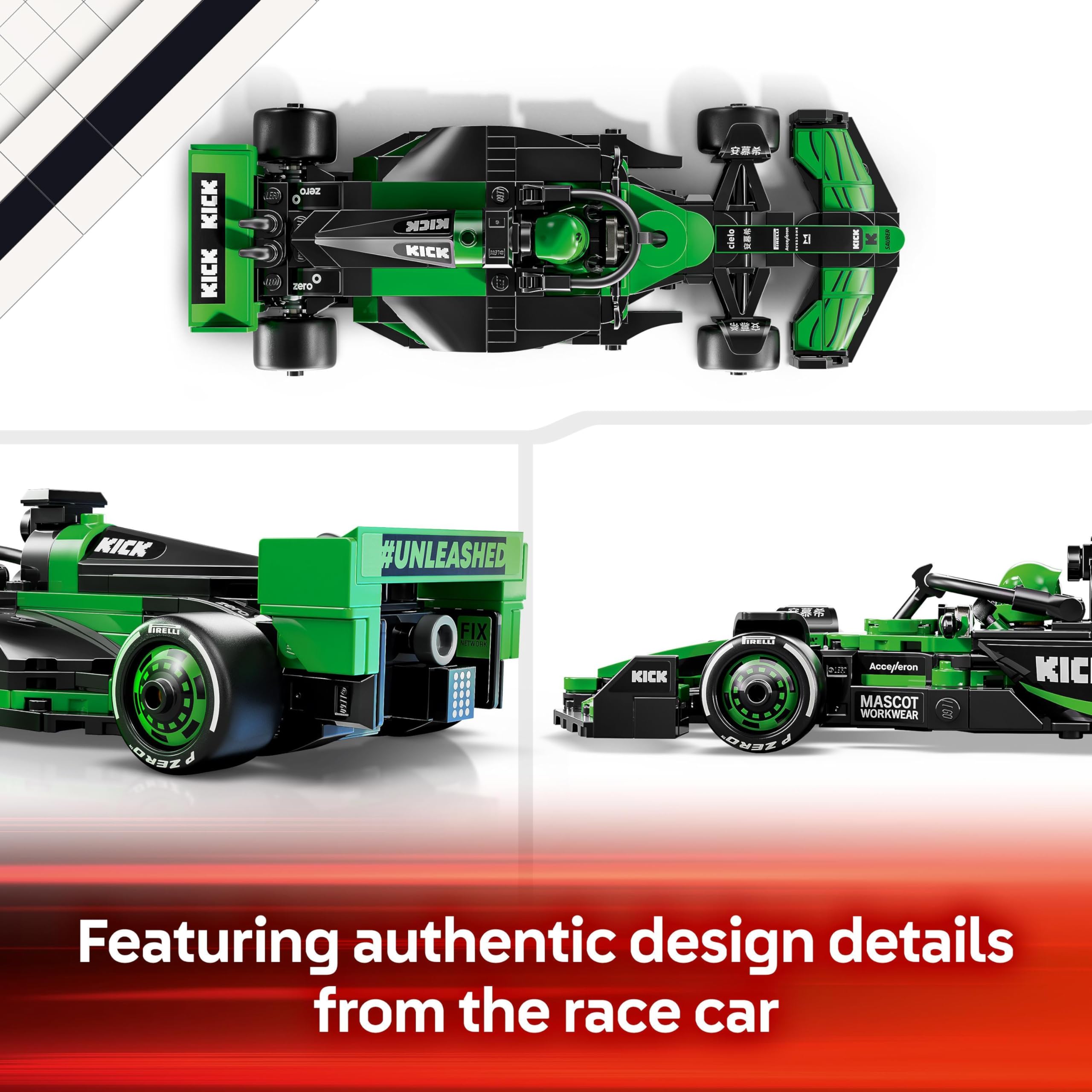 LEGO Speed Champions KICK Sauber F1 Team C44 Race Car Toy with a