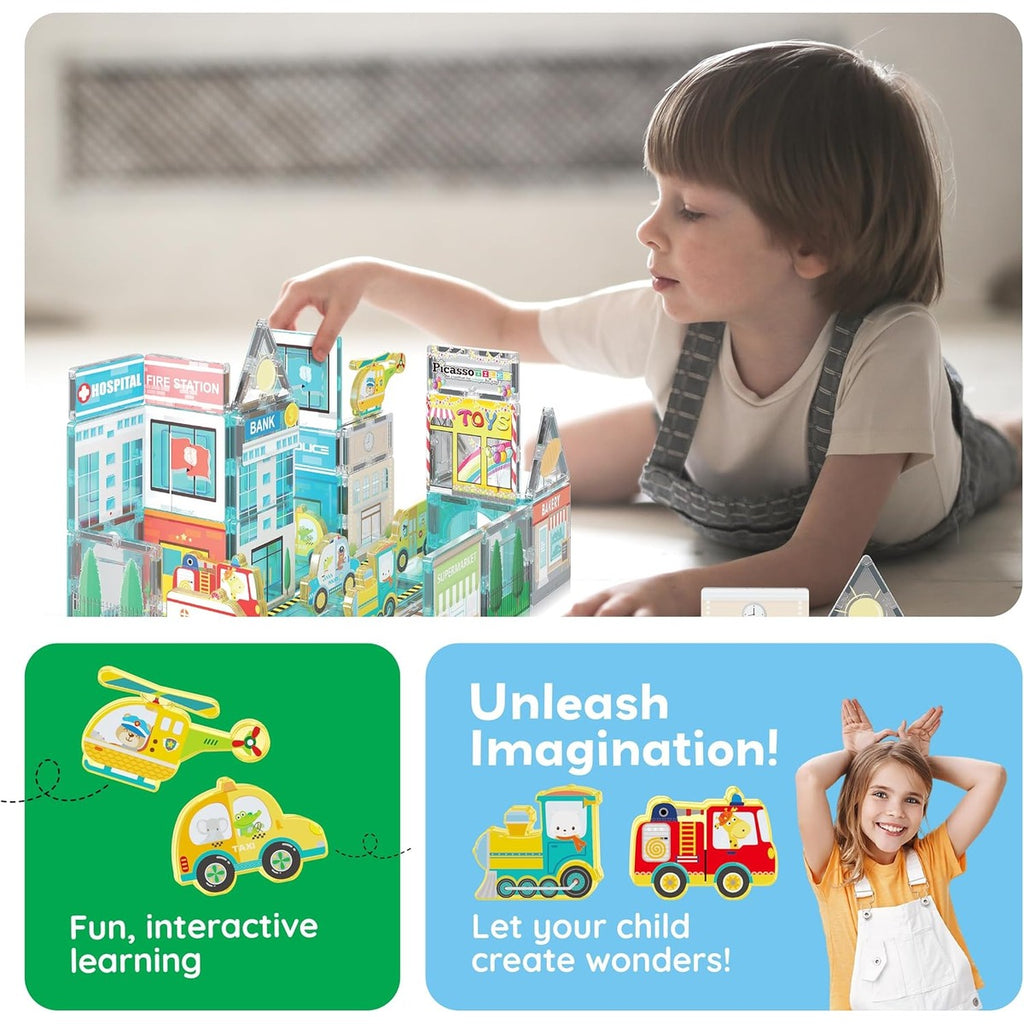PicassoTiles Metro City Hospital Magnetic Tile Building Set with 8