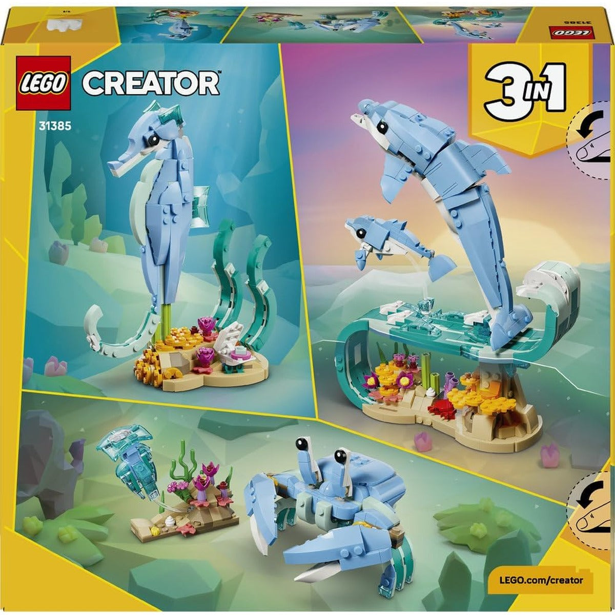 LEGO Creator 3in1 Sea Animals: Beautiful Dolphins Toy - Sea Animal Figure Transforms into a Seahorse or Crab - DIY Room