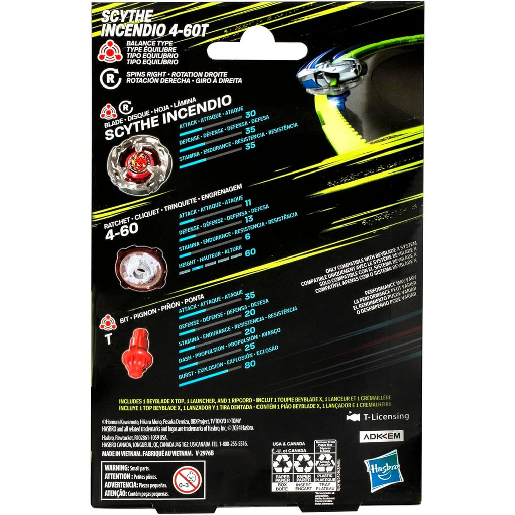 Beyblade X Scythe Incendio 4-60T Starter Pack Set with Balance Type Right-Spinning Top and Launcher; Battling Top Toys for 8 Year Old Boys and Girls