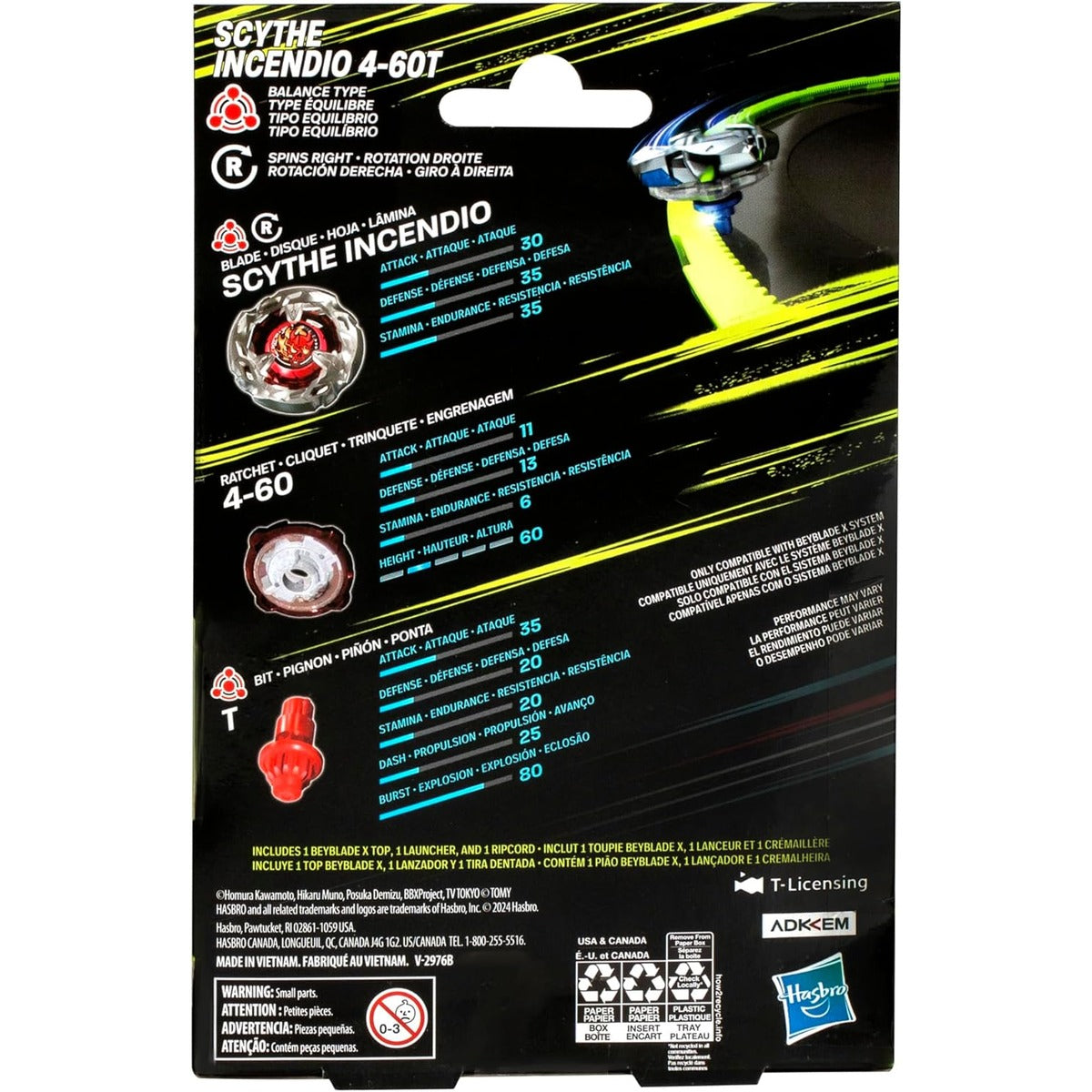 Beyblade X Scythe Incendio 4-60T Starter Pack Set with Balance Type Right-Spinning Top and Launcher; Battling Top Toys for 8 Year Old Boys and Girls