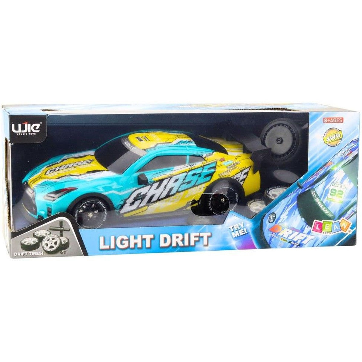Turquoise Chase RC drift car with LED lights in box
