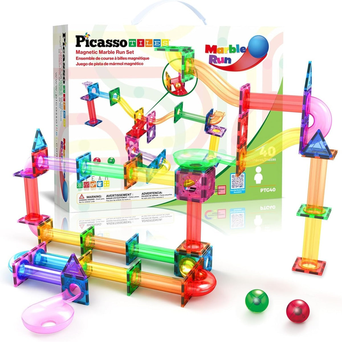 PicassoTiles Magnetic Tiles Marble Run Building Blocks Rainbow Color with Slide Drop Funnels Tubes STEM Educational Toy Set Compatible Durable Construction Kit for Kids Age 3+ Preschool Learning PTG40 Marble Run 40pcs
