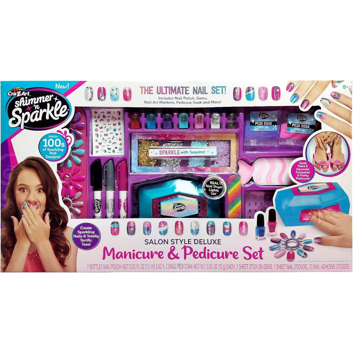 Shimmer N Sparkle Salon Style Manicure & Pedicure Kit with Real Nail Dryer, Soak, Polish and Decorate Accessories for Fun At Home Nail Art and Spa Play
