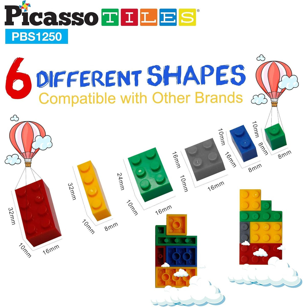 PicassoTiles 1250 PCs Educational Building Block Tiles Set Creative Shapes to Enhance Imaginative Play Unique Set to Characters and Numbers Learning STEM Toys Washable for Learning Education Ages 3+