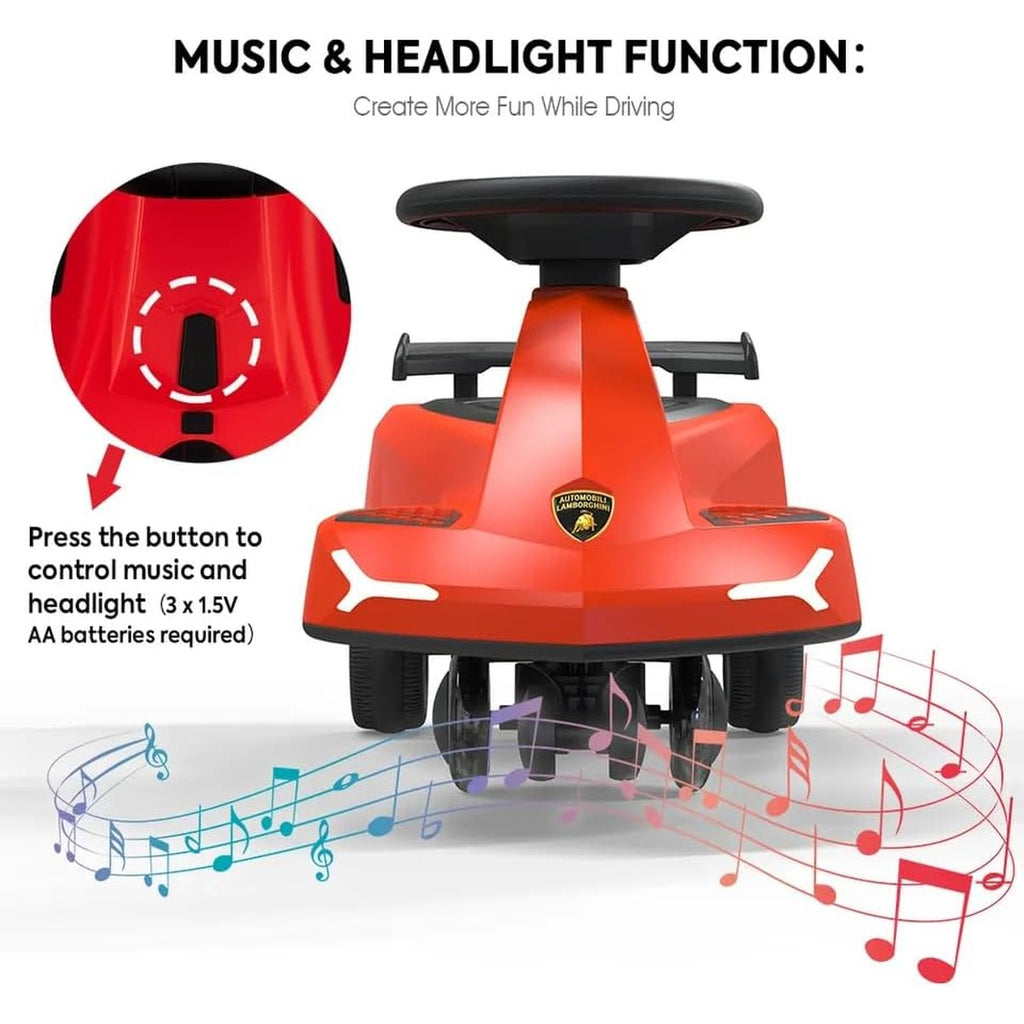Lamborghini Swing Car Ride On with Lights and Sounds, 360 Rotation, Movable Rear Wing
