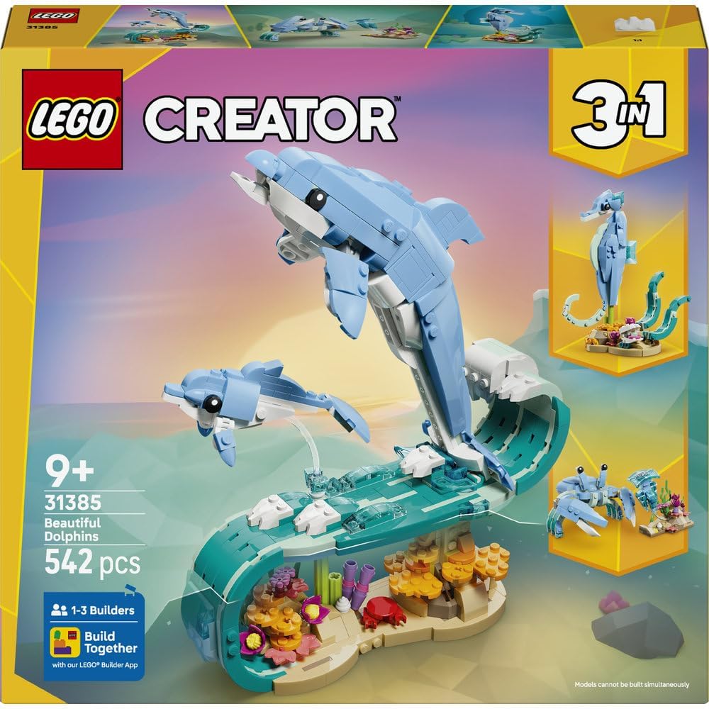 LEGO Creator 3in1 Sea Animals: Beautiful Dolphins Toy - Sea Animal Figure Transforms into a Seahorse or Crab - DIY Room