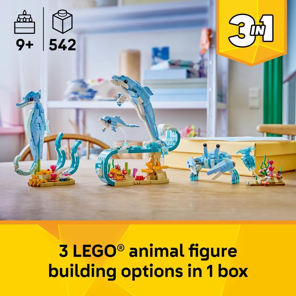 LEGO Creator 3in1 Sea Animals: Beautiful Dolphins Toy - Sea Animal Figure Transforms into a Seahorse or Crab - DIY Room
