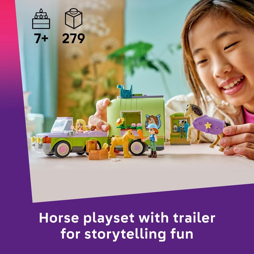 LEGO Friends Horse & Baby Foal Trailer - Horse Toy Playset w/Grooming Accessories, 4 Animal Figures, Car & 2 Mini Dolls