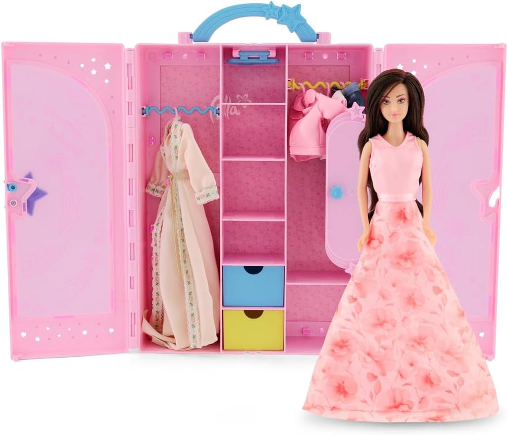Fulla Doll with Dress-Up Closet, Mix-and-Match Outfits, Storage Compartments Pretend Play Fashion Wardrobe for Girls