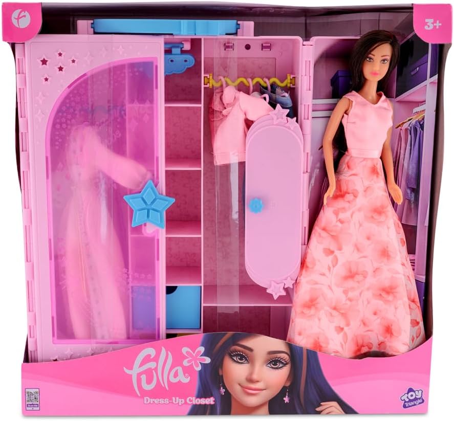 Fulla Doll with Dress-Up Closet, Mix-and-Match Outfits, Storage Compartments Pretend Play Fashion Wardrobe for Girls