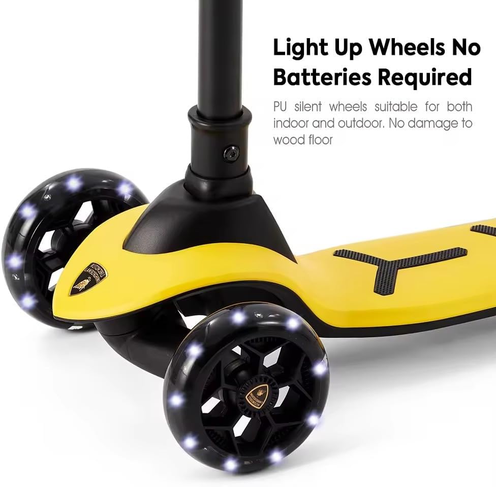 Lamborghini Yellow Scooter with seat for Kids Ages 3-8, 3 Wheel Scooter for Kids with Adjustable Height, Folding Kids