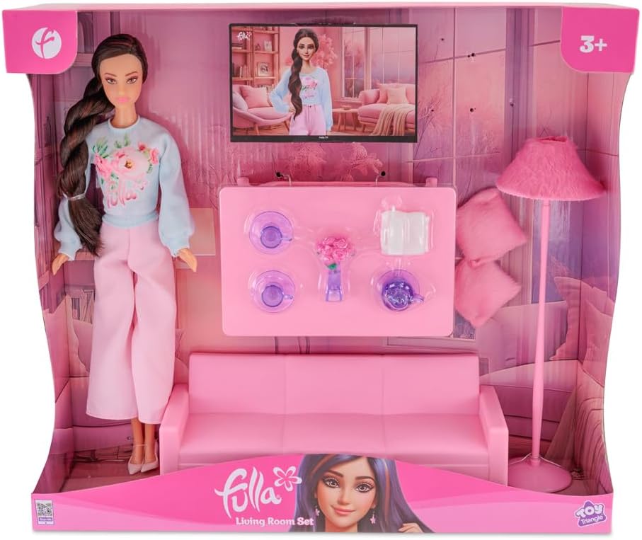 Fulla Doll with Living Room Set Includes Sofa, Cushions, Tea Cups, Lamp, Flowers and Phone & Cozy Room Playset for