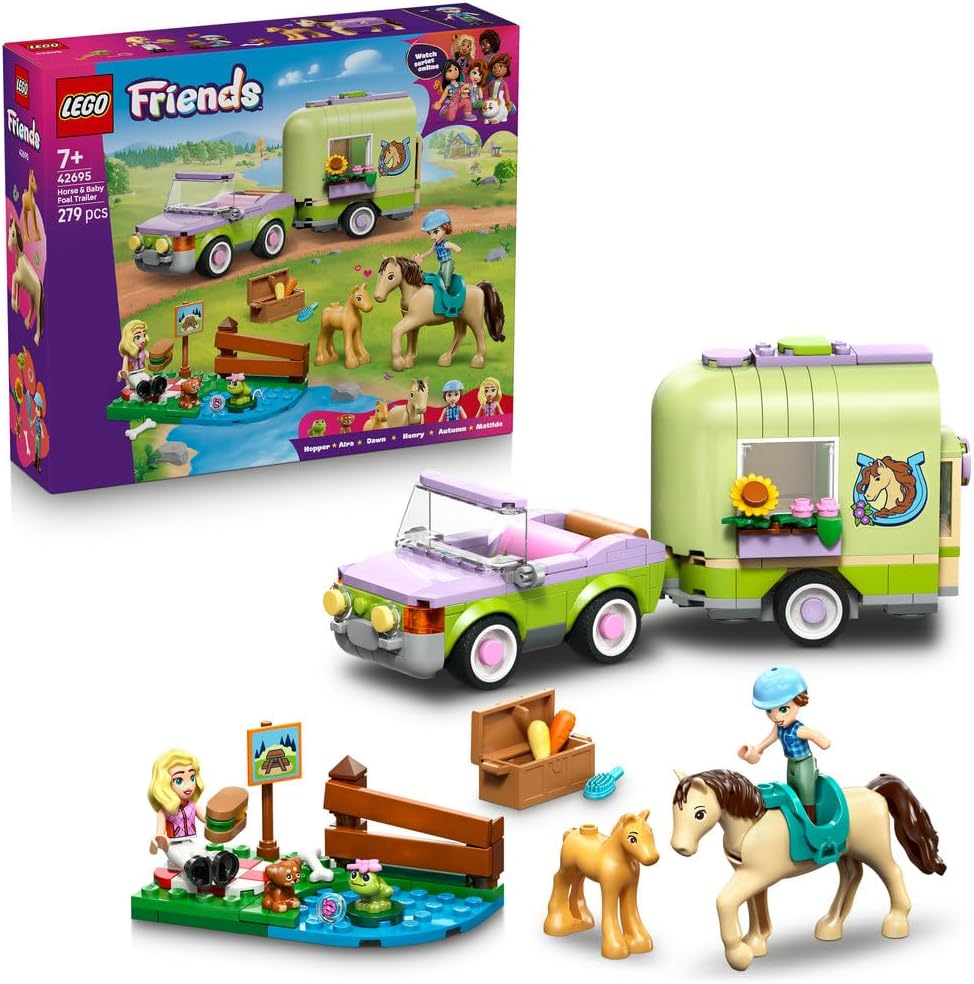 LEGO LEGO Friends Horse & Baby Foal Trailer - Horse Toy Playset w/Grooming Accessories, 4 Animal Figures, Car & 2 Mini Dolls 