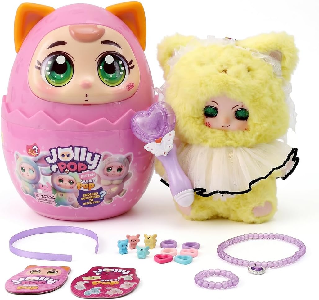 Jolly Pop JollyPop Kitten SuperPop S1 for Kids, Collectible Plush Toy Includes Dress-Up Accessories, Character Cards, Cute Pa