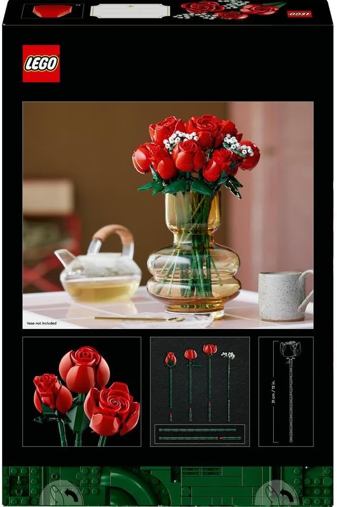 LEGO Botanicals Bouquet of Roses - Artificial Flowers Set for Adults - incl. 12 Faux Roses & 4 Sprigs of Baby's Breath