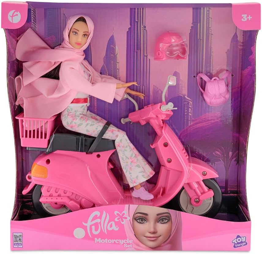 Fulla Doll with Pink Motorbike Includes Floral Pants, Jacket, Helmet and Headscarf & Fashionable Outfit with Ride-On