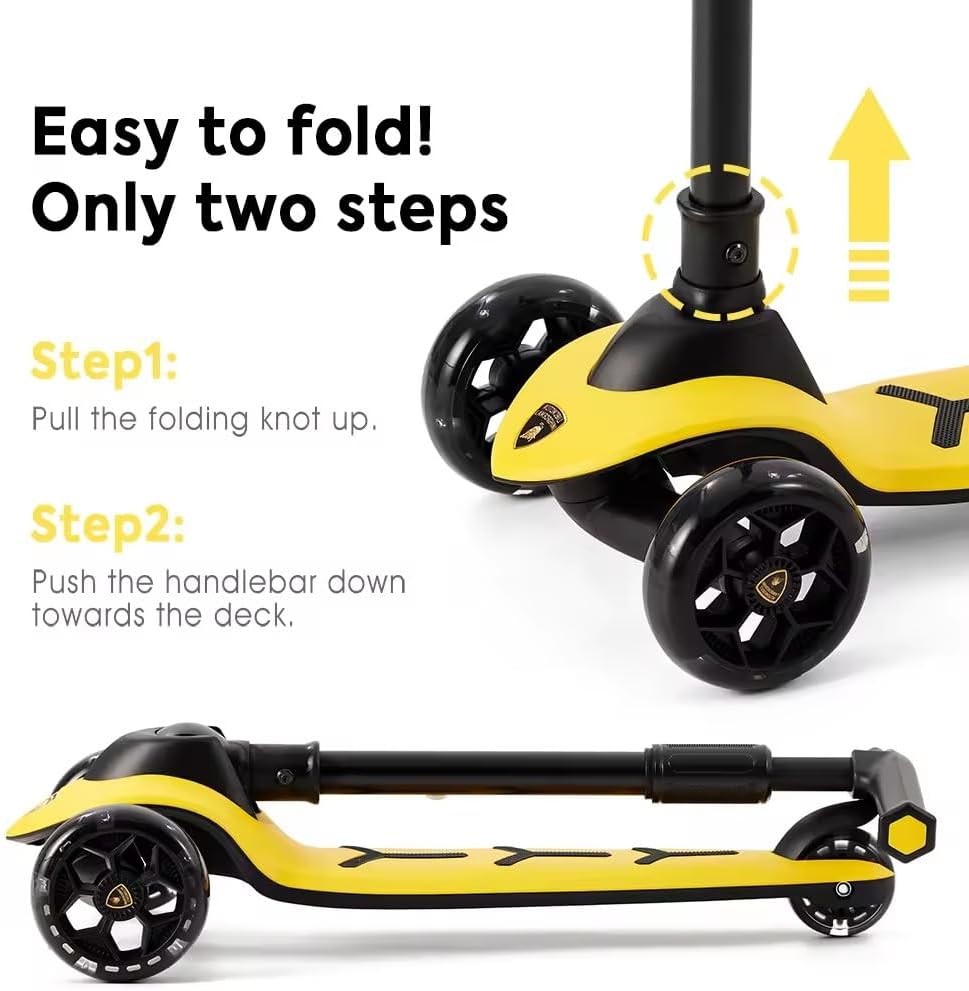 Lamborghini Yellow Scooter with seat for Kids Ages 3-8, 3 Wheel Scooter for Kids with Adjustable Height, Folding Kids