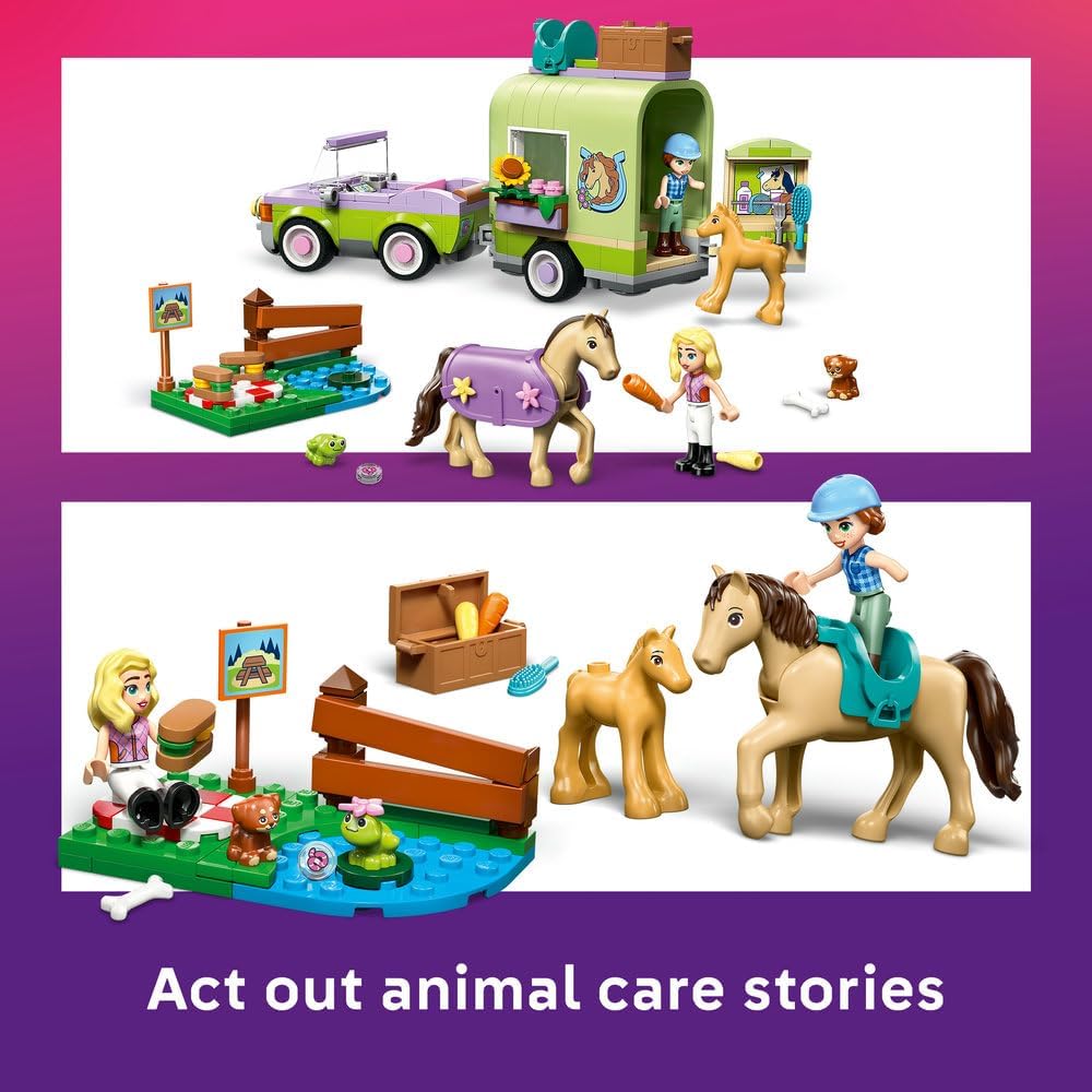 LEGO Friends Horse & Baby Foal Trailer - Horse Toy Playset w/Grooming Accessories, 4 Animal Figures, Car & 2 Mini Dolls