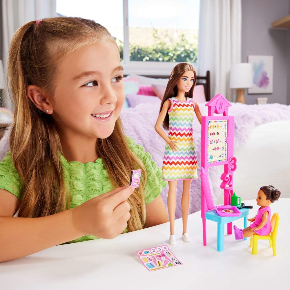 Barbie Teacher Doll with Brunette Fashion with Printed Dress, 1 Toddler, & Teaching Accessories
