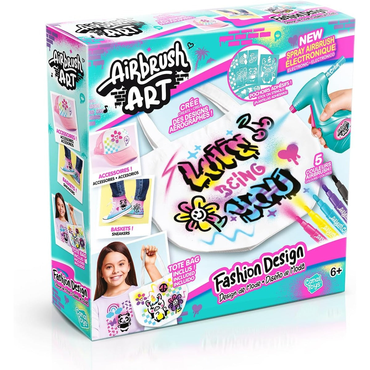 Canal Toys - Airbrush Art - Fashion Design Kit with electronic spray, stencils and felt-tip pens - AIR 016, White Tote Bag