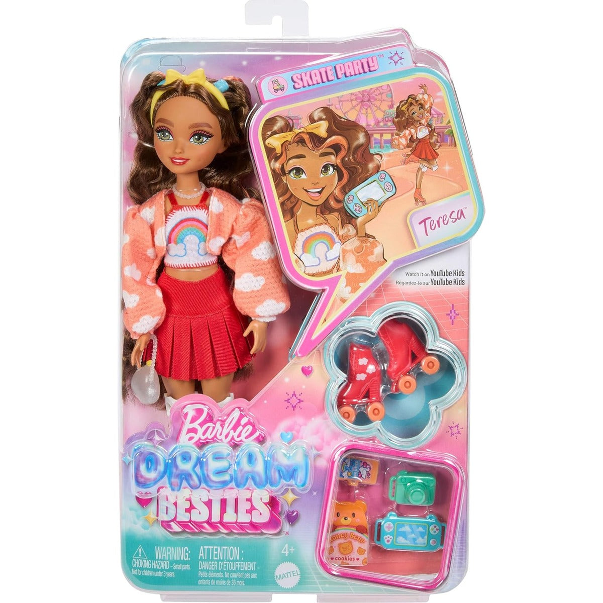 Barbie Dream Besties Doll and Accessories, Teresa Posable Roller Skating Fashion Doll with Brown Hair, 9Video Game Themed Pie