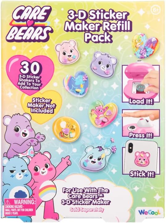 Care Bears 3D Sticker Maker Refill Pack, Make 30+ Shaker Stickers with Gems, Sprinkles &