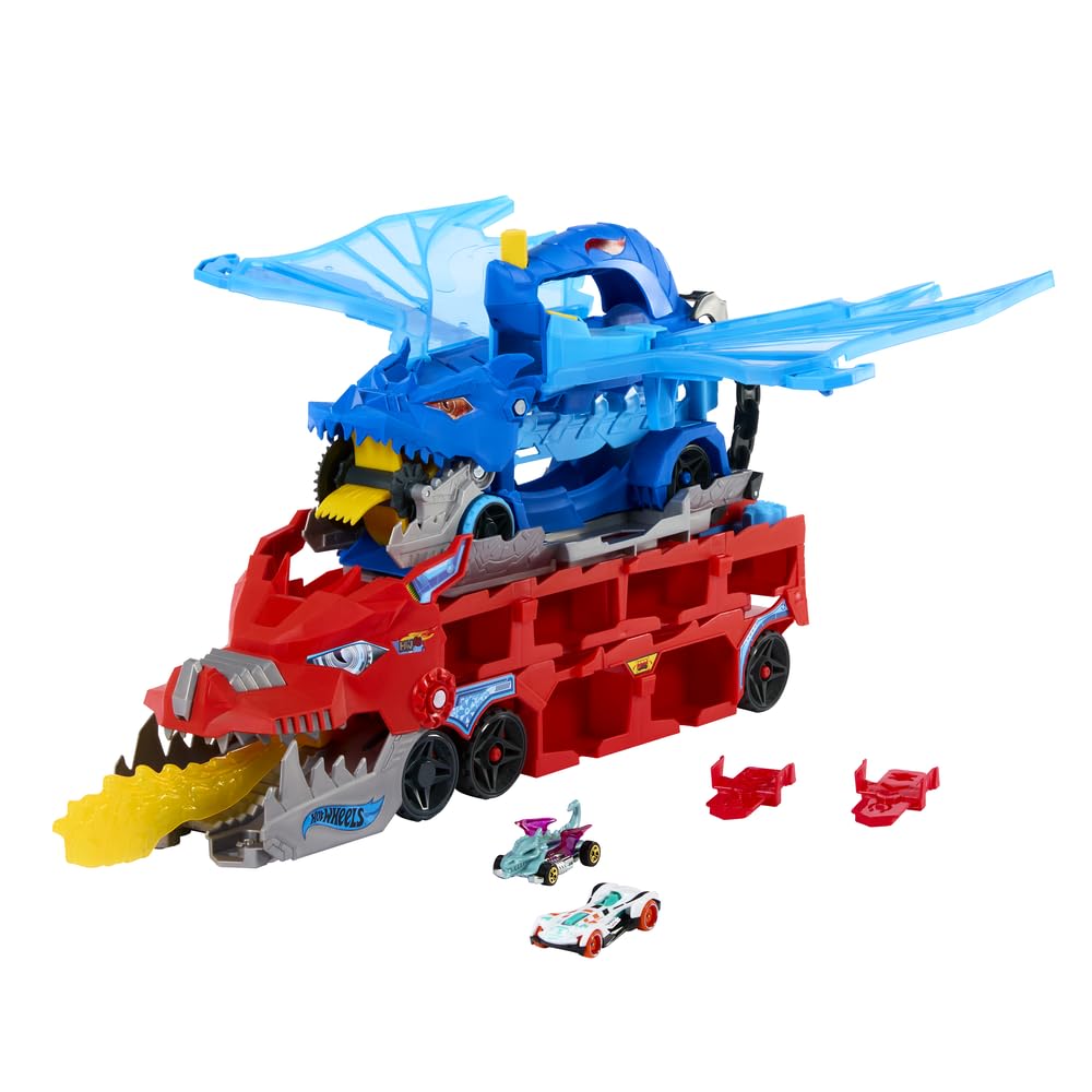 ​Hot Wheels City Toy Car Track Set, Ultimate Dual Dragon Transporter & 2 Die-Cast Cars, Large-Scale Dragon & Detachable Dragon, Stores 20+ Vehicles