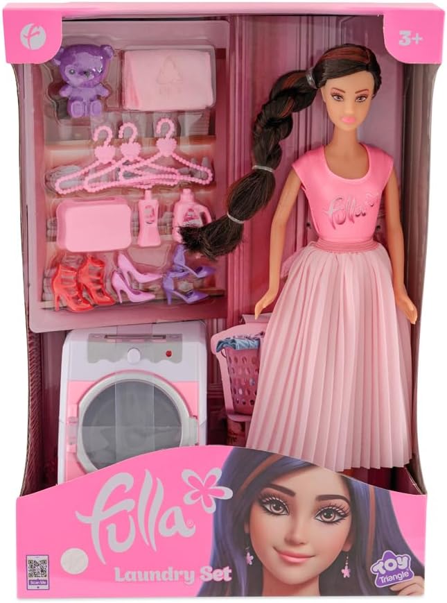 Fulla Doll with Washing Machine Set Includes Towels, Hangers Toy Bear Boxes and Shoes & Machine Features Light and