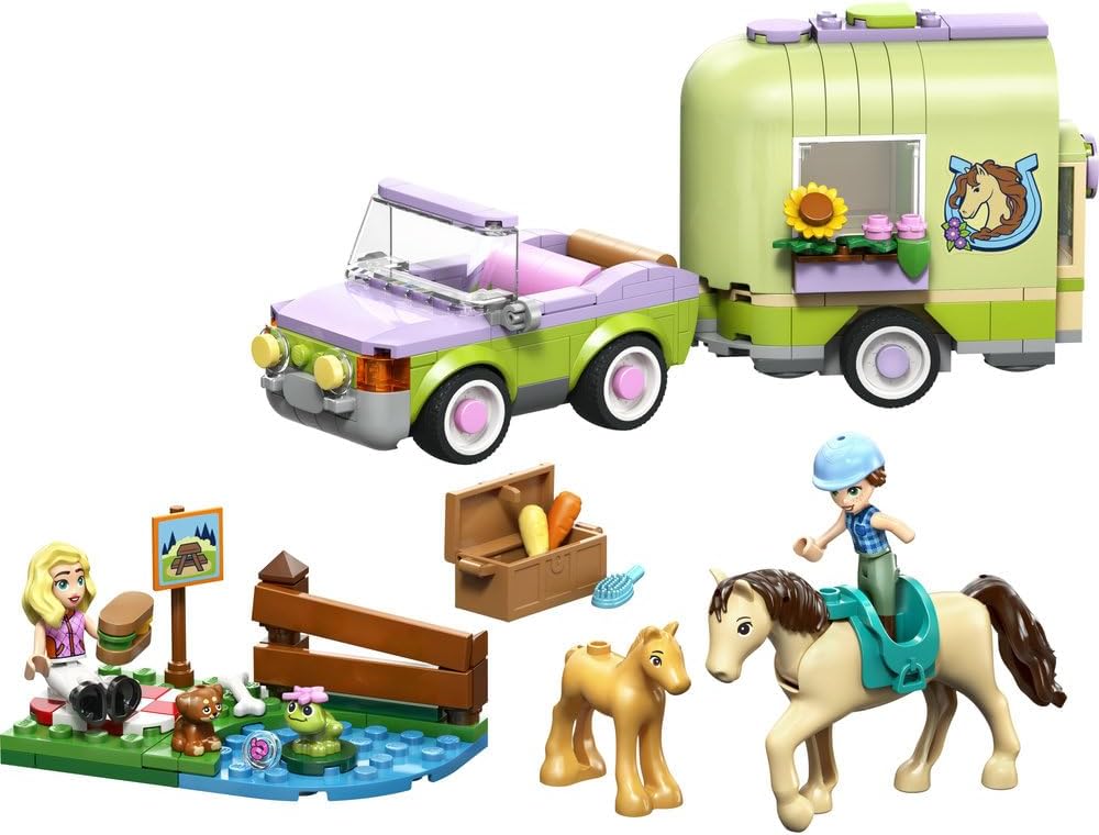 LEGO Friends Horse & Baby Foal Trailer - Horse Toy Playset w/Grooming Accessories, 4 Animal Figures, Car & 2 Mini Dolls