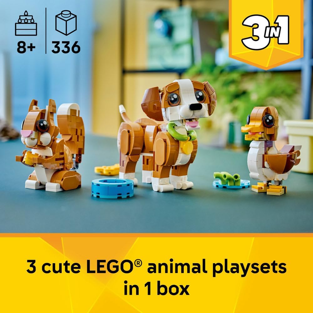 LEGO Creator 3in1 Cute Animals: Playful Puppy Dog Toy - Pet Animal Figure Transforms into a Squirrel or Duck - Creative