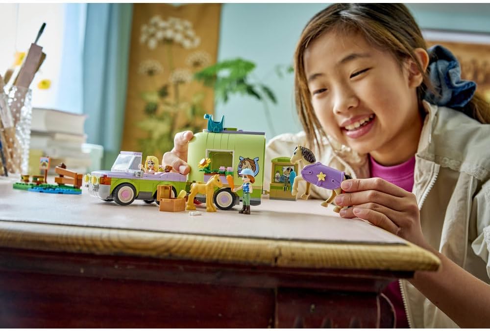 LEGO Friends Horse & Baby Foal Trailer - Horse Toy Playset w/Grooming Accessories, 4 Animal Figures, Car & 2 Mini Dolls
