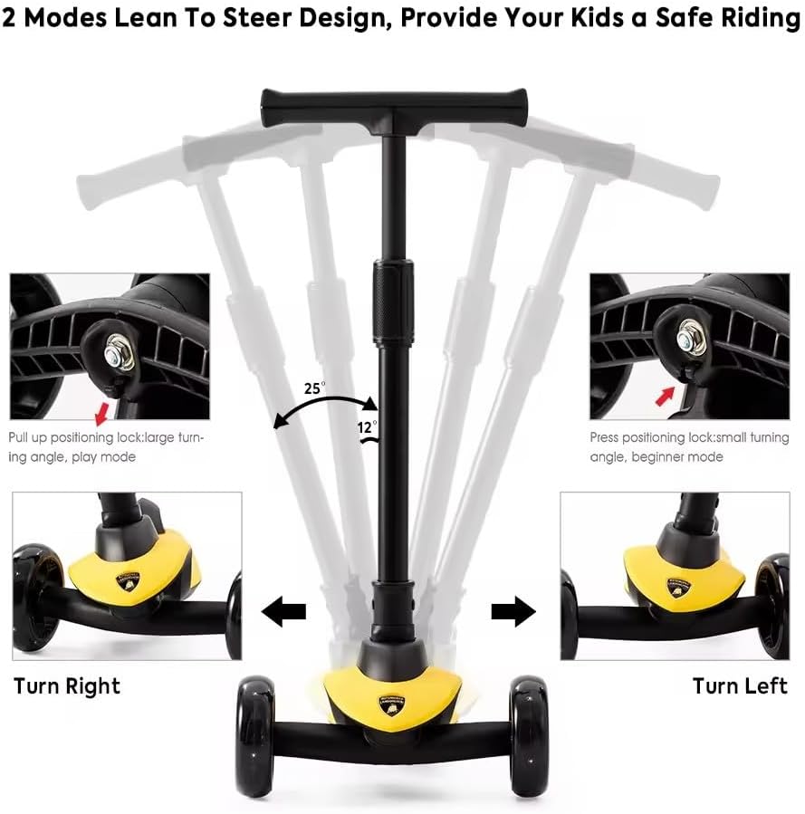 Lamborghini Yellow Scooter with seat for Kids Ages 3-8, 3 Wheel Scooter for Kids with Adjustable Height, Folding Kids