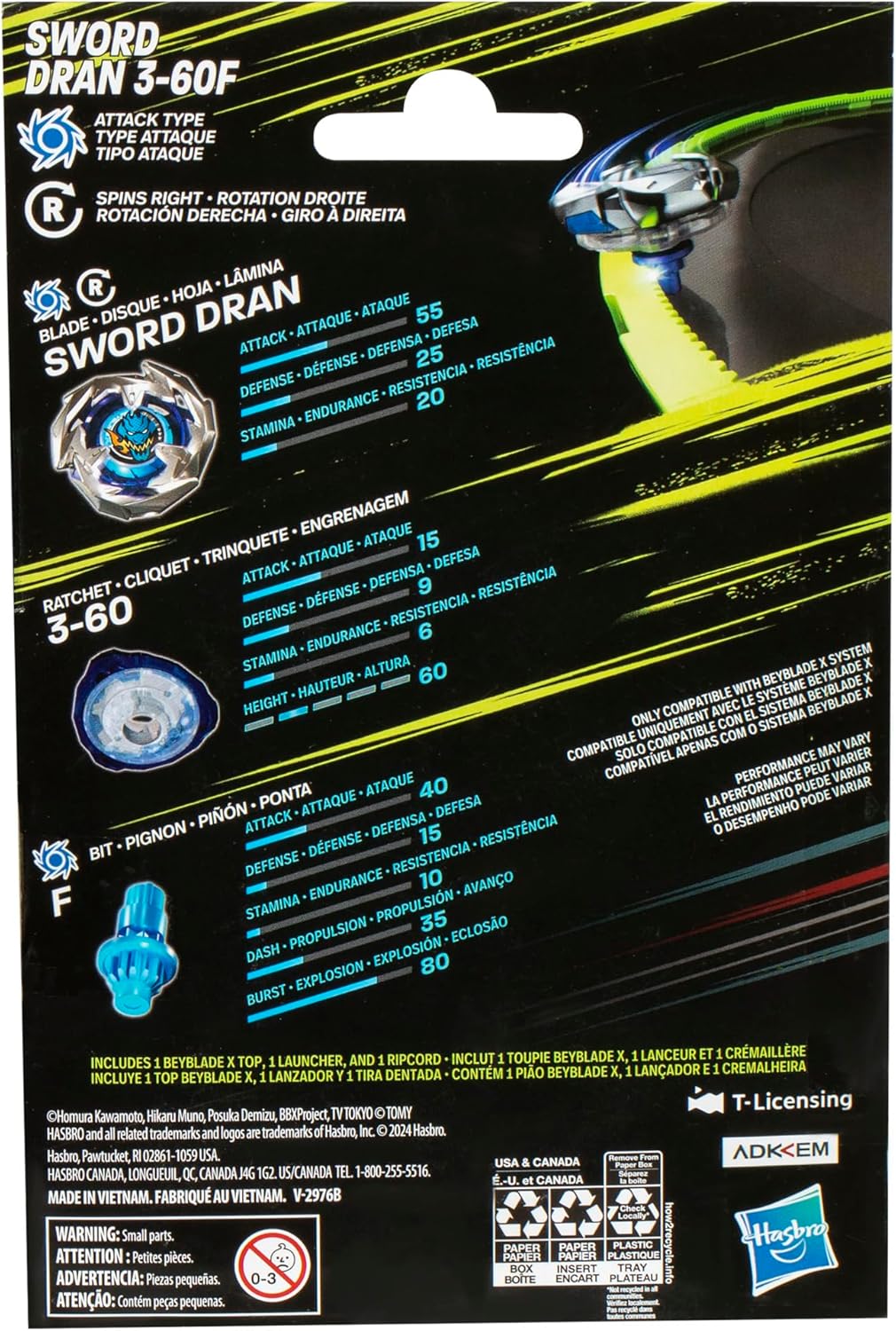 Beyblade X Sword Dran 3-60F Starter Pack Set with Attack Type Right-Spinning Top and Launcher; Battling Top Toys for 8 Year Old Boys and Girls