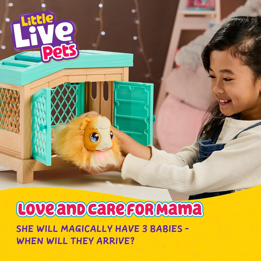 Little Live Pets Mama Surprise Guinea Pig Plush Toy, Interactive Stuffed Guinea Pig Hutch and 3 Babies, Animal Plush with 20+ Sounds, Toys for Ages 4+