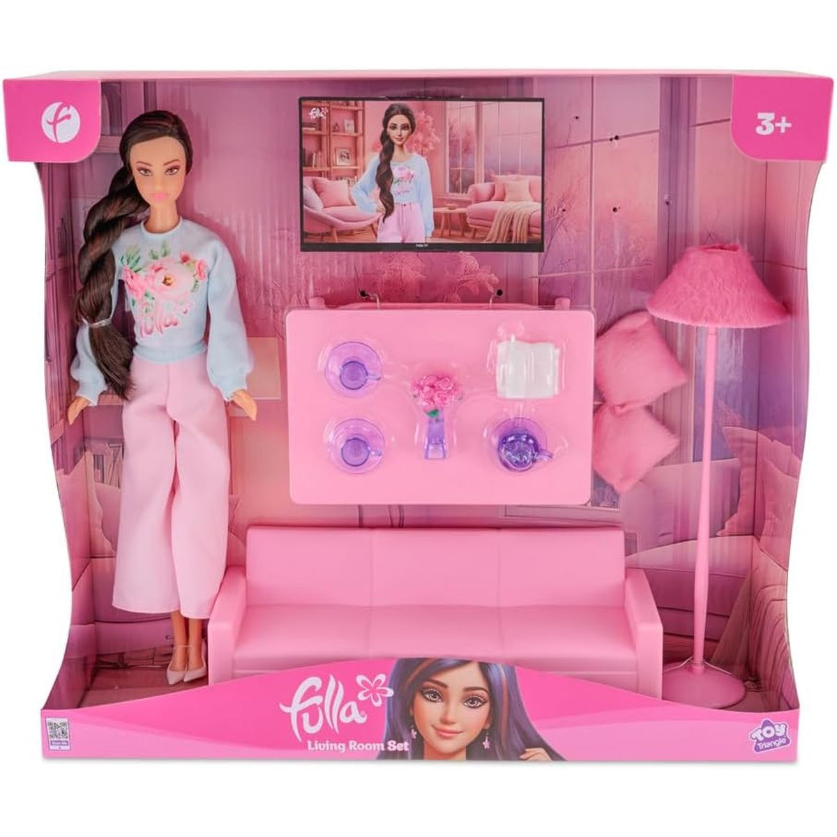 Fulla Doll with Living Room Set Includes Sofa, Cushions, Tea Cups, Lamp, Flowers and Phone & Cozy Room Playset for