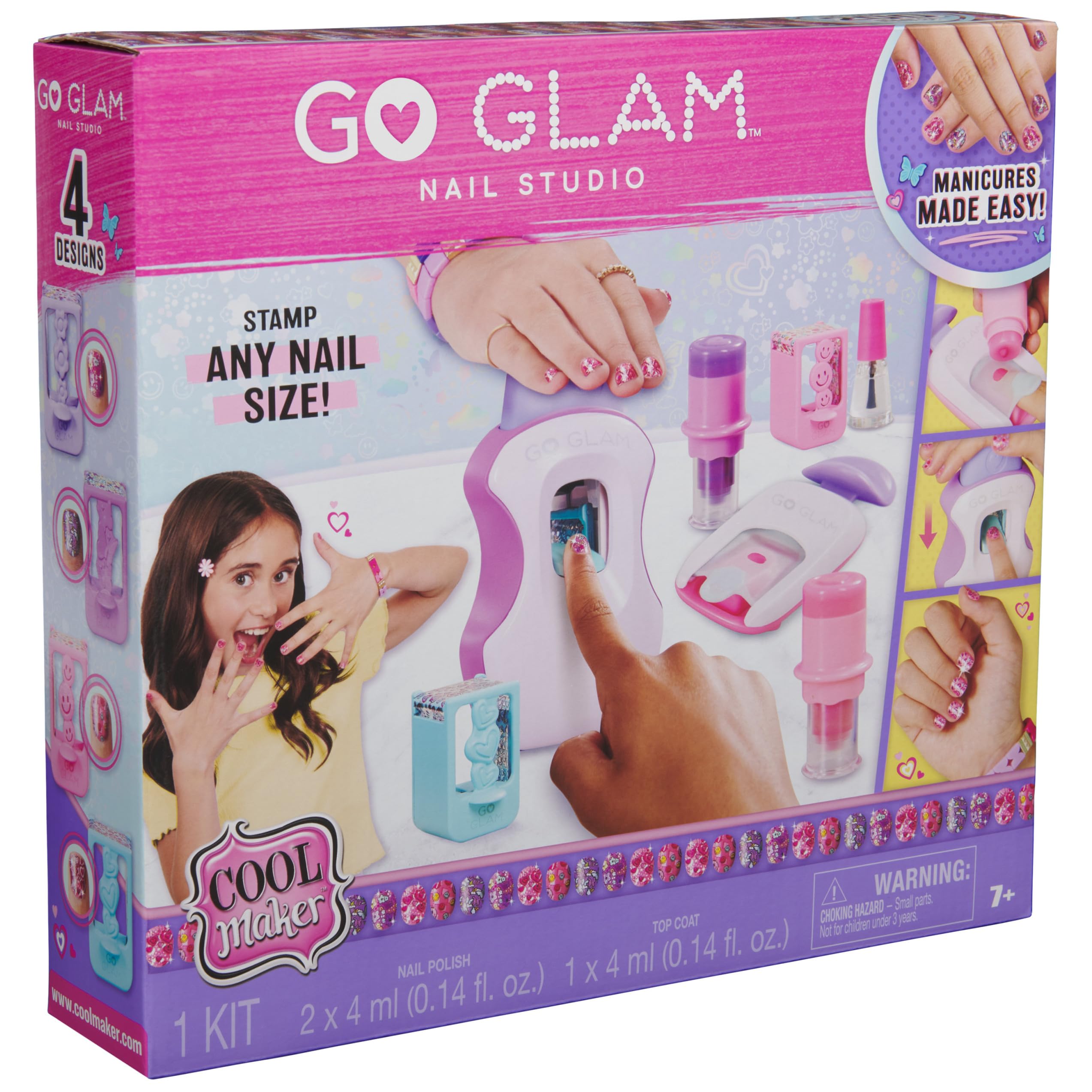 Cool Maker, GO GLAM Studio Nail Kit, Style 200 Nails, 4 Designs, 2 Polish Applicators & Mask (Packaging May Vary), Arts and C