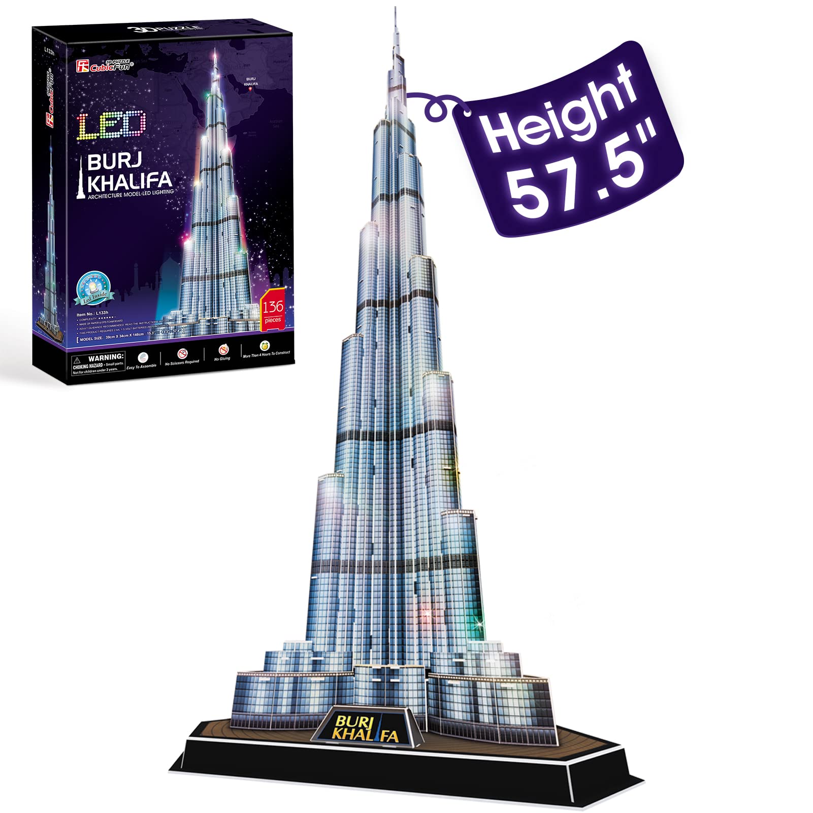 CubicFun 3D Puzzles LED Dubai Burj Khalifa 57.5" H Architecture Building Model Kits for Adults, Souvenir Decoration and Birthday Gifts for Men and Women, the Tallest Tower 136 Pcs Dubai | LED Burj Khalifa
