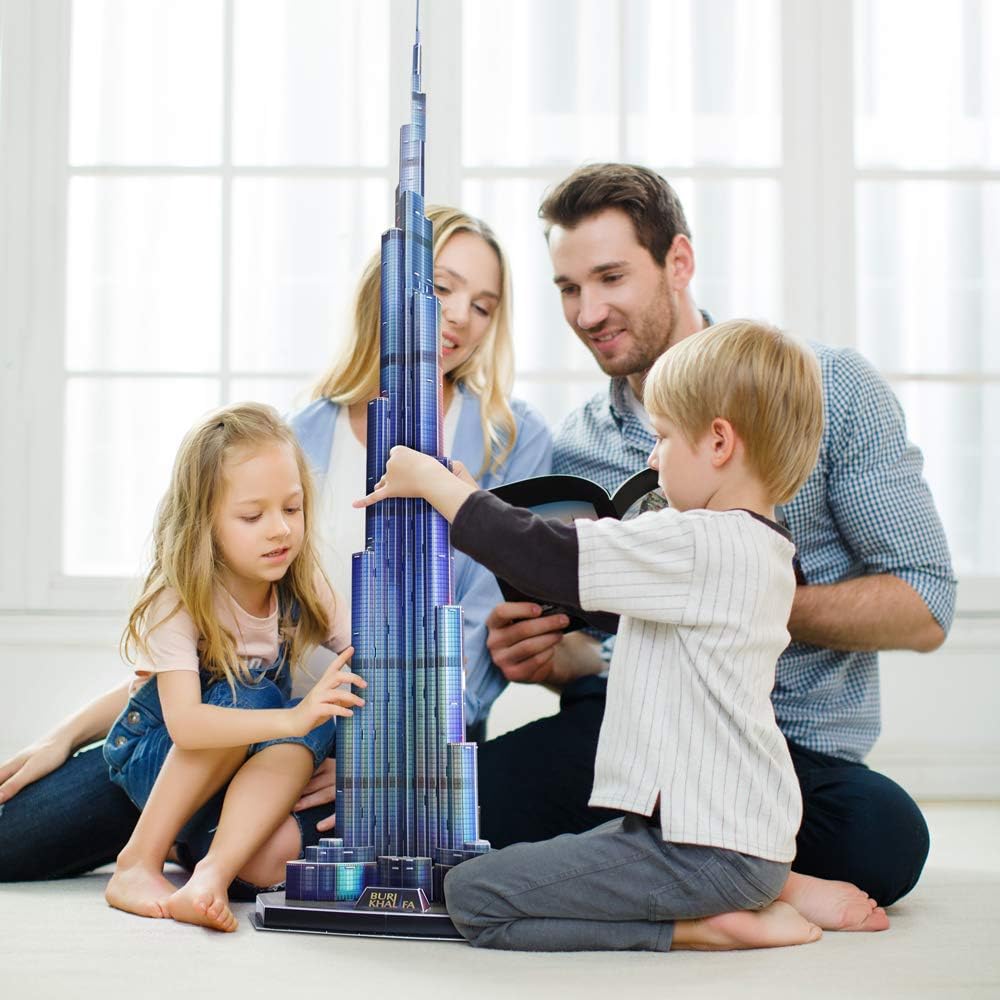 CubicFun 3D Puzzles LED Dubai Burj Khalifa 57.5" H Architecture Building Model Kits for Adults, Souvenir Decoration and Birthday Gifts for Men and Women, the Tallest Tower 136 Pcs Dubai | LED Burj Khalifa