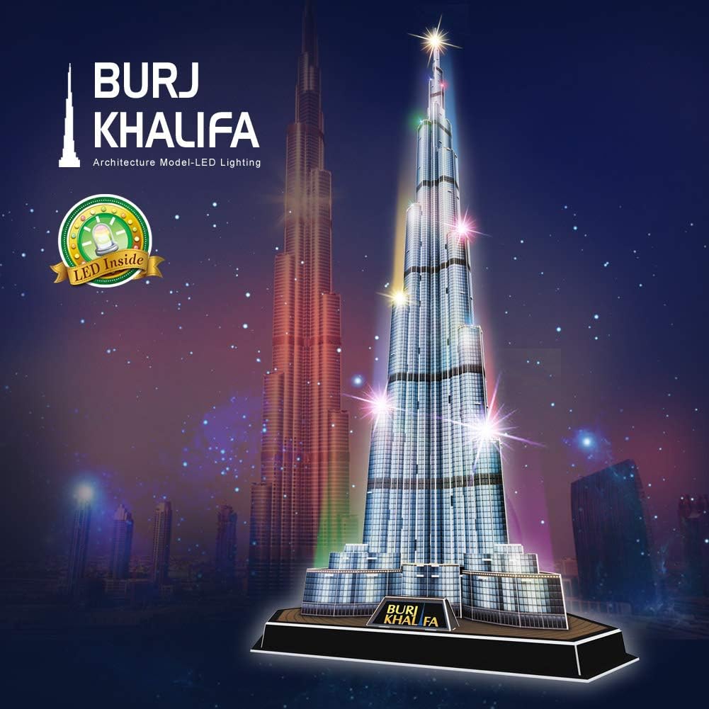 CubicFun 3D Puzzles LED Dubai Burj Khalifa 57.5" H Architecture Building Model Kits for Adults, Souvenir Decoration and Birthday Gifts for Men and Women, the Tallest Tower 136 Pcs Dubai | LED Burj Khalifa