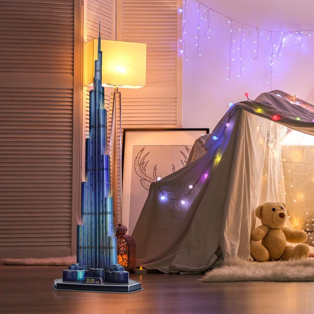 CubicFun 3D Puzzles LED Dubai Burj Khalifa 57.5" H Architecture Building Model Kits for Adults, Souvenir Decoration and Birthday Gifts for Men and Women, the Tallest Tower 136 Pcs Dubai | LED Burj Khalifa