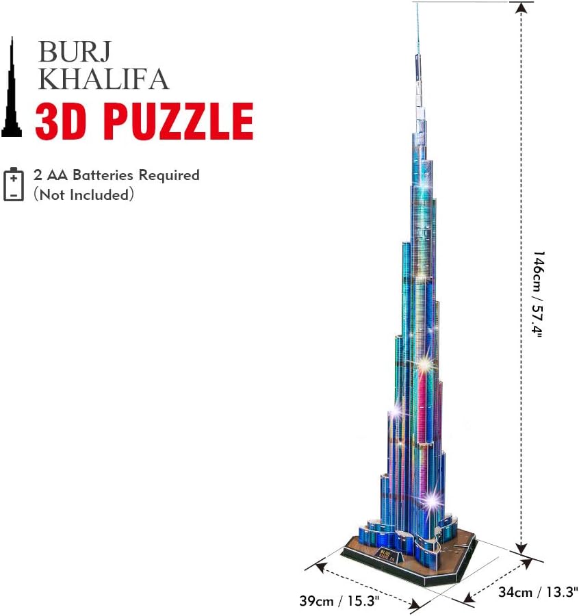 CubicFun 3D Puzzles LED Dubai Burj Khalifa 57.5" H Architecture Building Model Kits for Adults, Souvenir Decoration and Birthday Gifts for Men and Women, the Tallest Tower 136 Pcs Dubai | LED Burj Khalifa