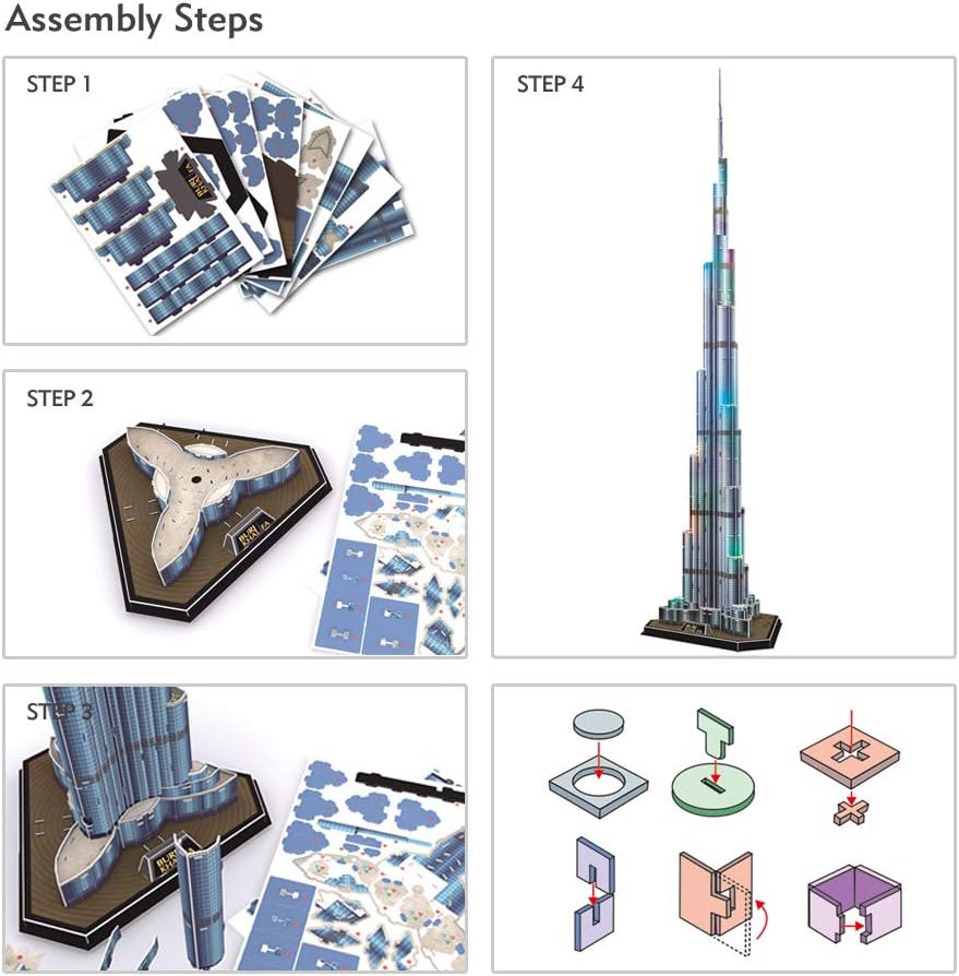 CubicFun 3D Puzzles LED Dubai Burj Khalifa 57.5" H Architecture Building Model Kits for Adults, Souvenir Decoration and Birthday Gifts for Men and Women, the Tallest Tower 136 Pcs Dubai | LED Burj Khalifa