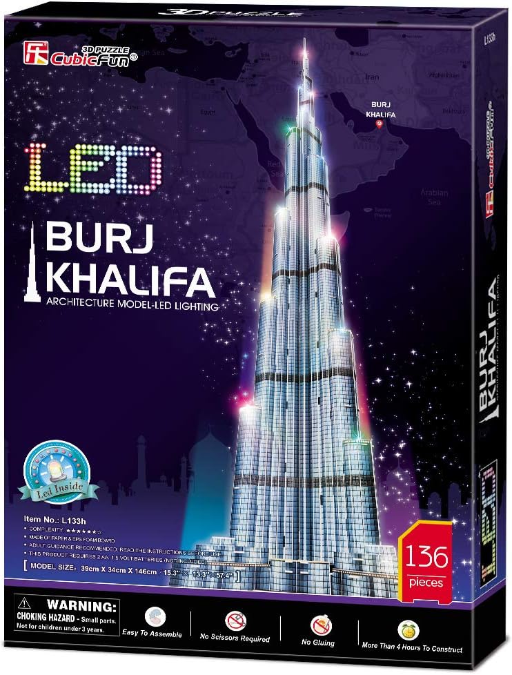 CubicFun 3D Puzzles LED Dubai Burj Khalifa 57.5" H Architecture Building Model Kits for Adults, Souvenir Decoration and Birthday Gifts for Men and Women, the Tallest Tower 136 Pcs Dubai | LED Burj Khalifa