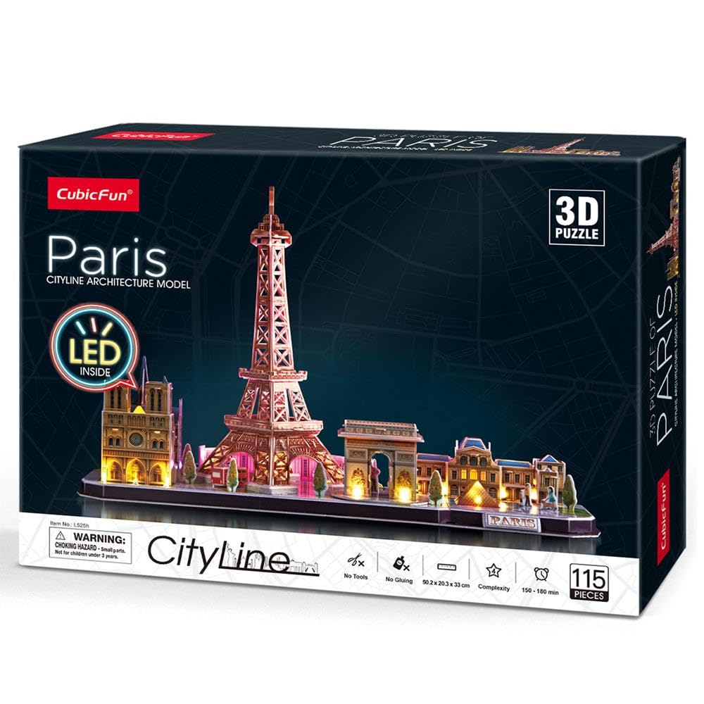 CubicFun 3D LED Puzzles City Line Paris 115 Pieces, Battery Operated, 1