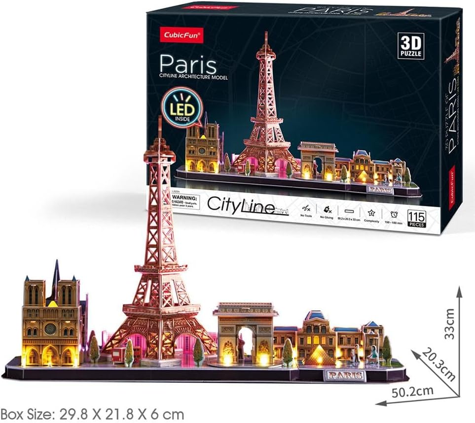 CubicFun 3D LED Puzzles City Line Paris 115 Pieces, Battery Operated, 1