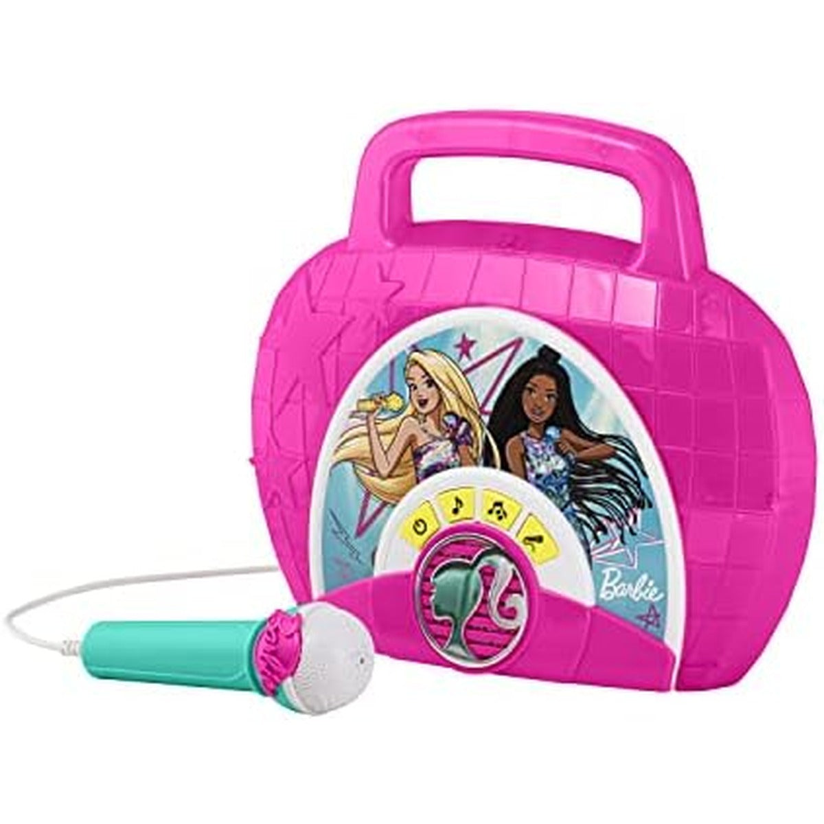 eKids Barbie Sing Along Boom Box Speaker with Microphone for Fans of Barbie Toys, Kids Karaoke Machine with Built in Music and Flashing Lights