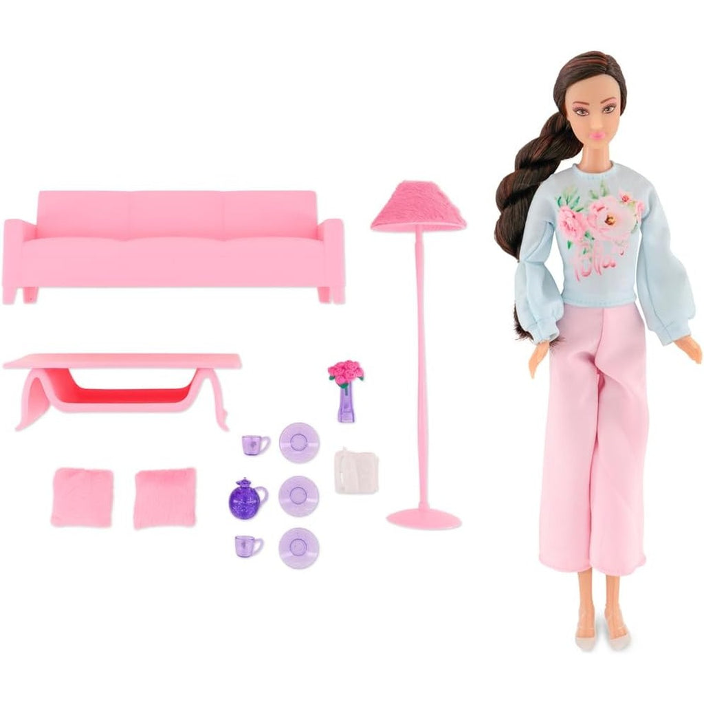 Fulla Doll with Living Room Set Includes Sofa, Cushions, Tea Cups, Lamp, Flowers and Phone & Cozy Room Playset for
